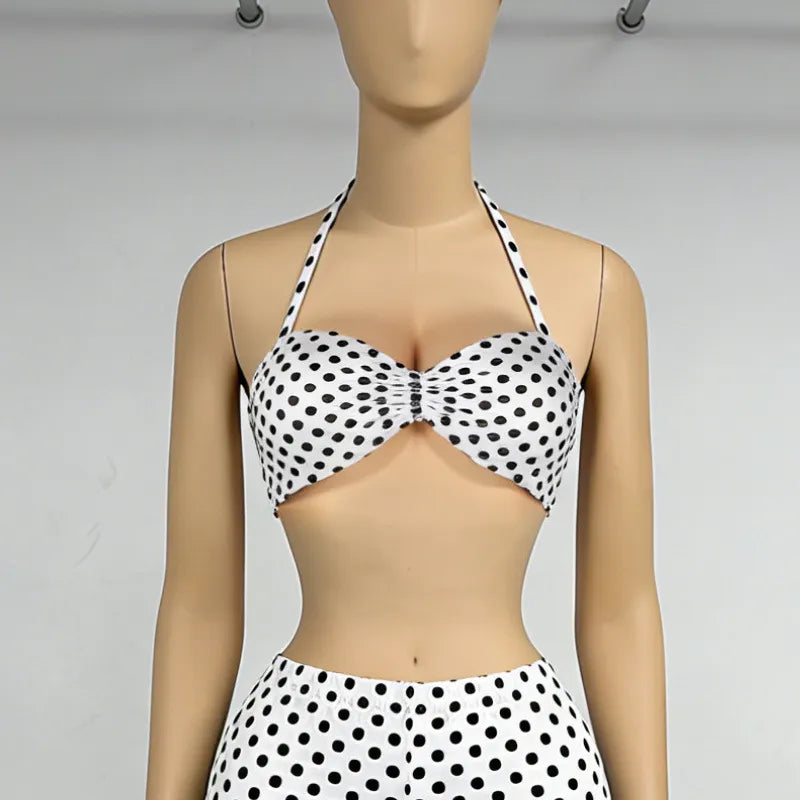 Polka Dot Halter Cutout Crop Top & Capri Pants Two Piece Set