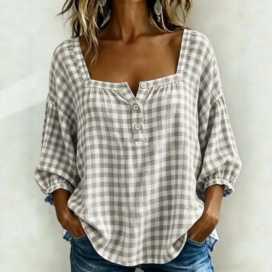 Plaid Square Neck Button Front Bubble 7/4 Sleeve Loose Casual Blouse