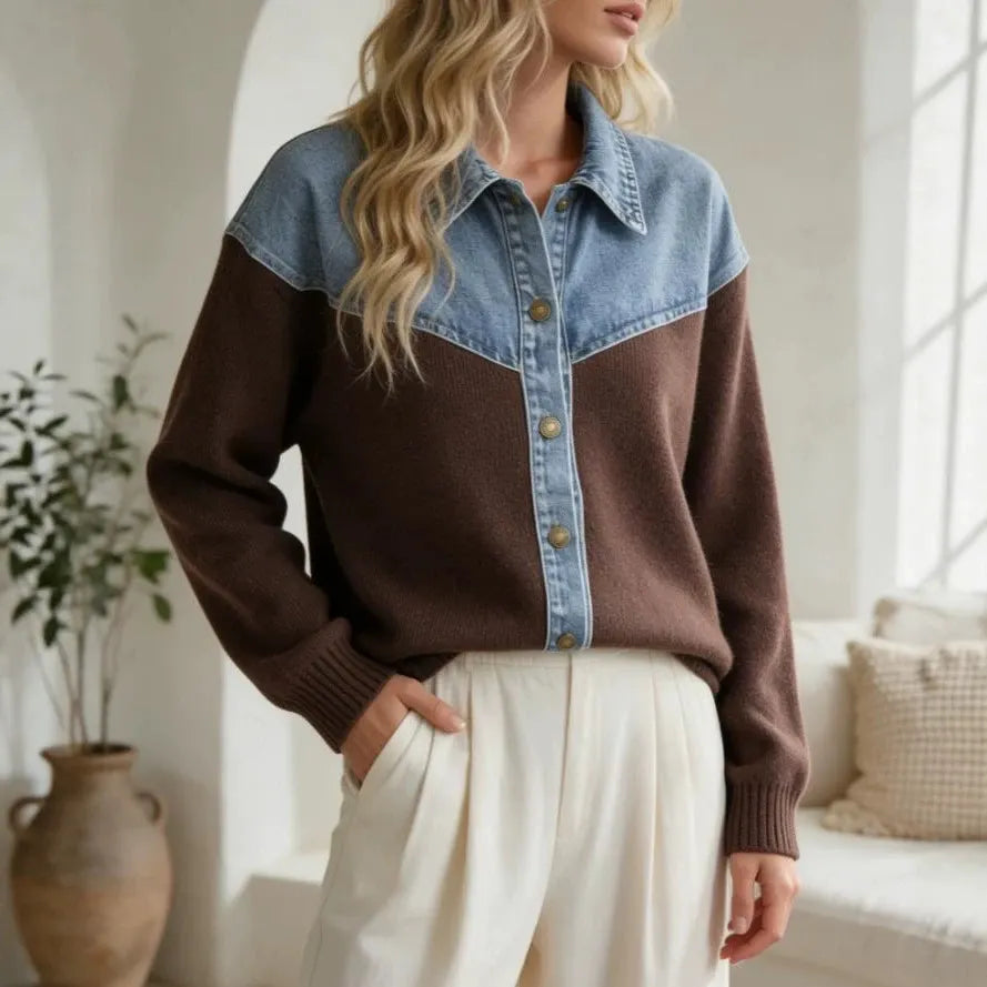 Western Style Denim & Knit Patchwork Sweater, Long Sleeve Button Front Contrast Collar Knit Jacket