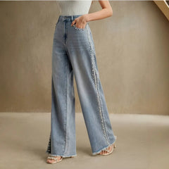 Mid Waist Pearl Beaded Straight Leg Denim Jeans