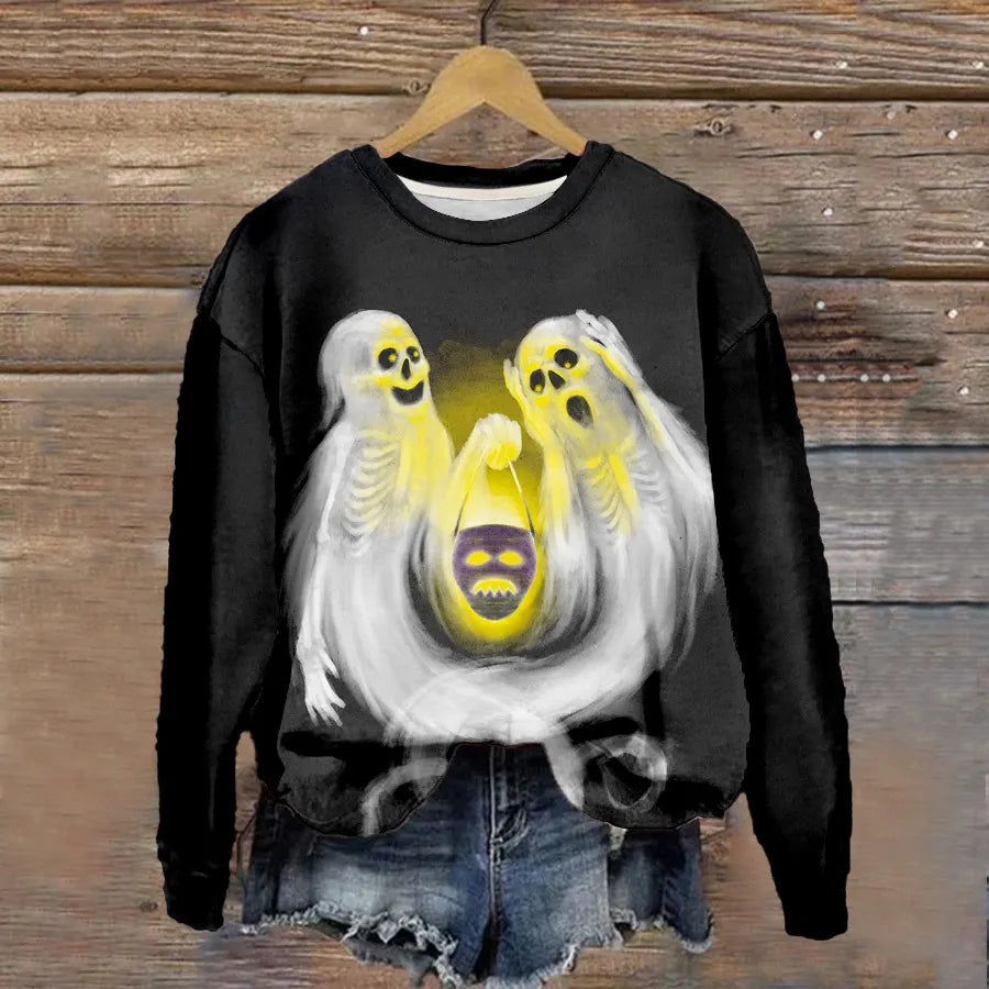 Halloween Witch Pumpkin Print Crew Neck Sweatshirt