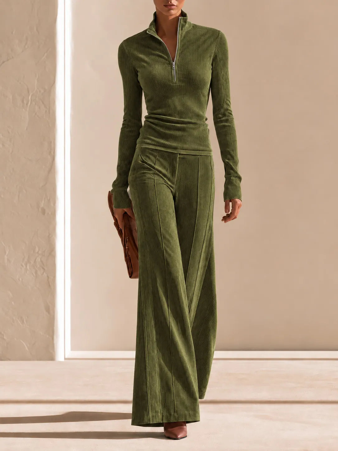 Ribbed Corduroy Matching Set Long Sleeve Quarter Zip Top High Waist Flare Trousers