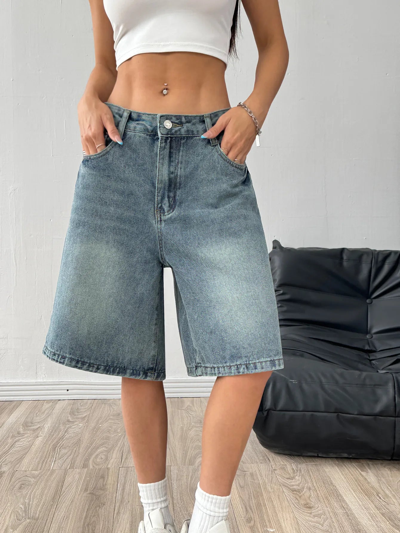 Mid Waist Washed Straight Leg Denim Bermuda Shorts