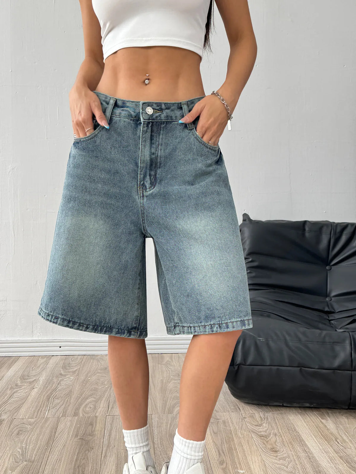 Mid Waist Washed Straight Leg Denim Bermuda Shorts