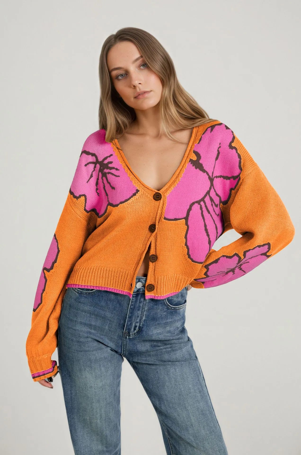 Oversized Floral Print Knit Cardigan Vintage Big Flower Long Sleeve Button Front Top