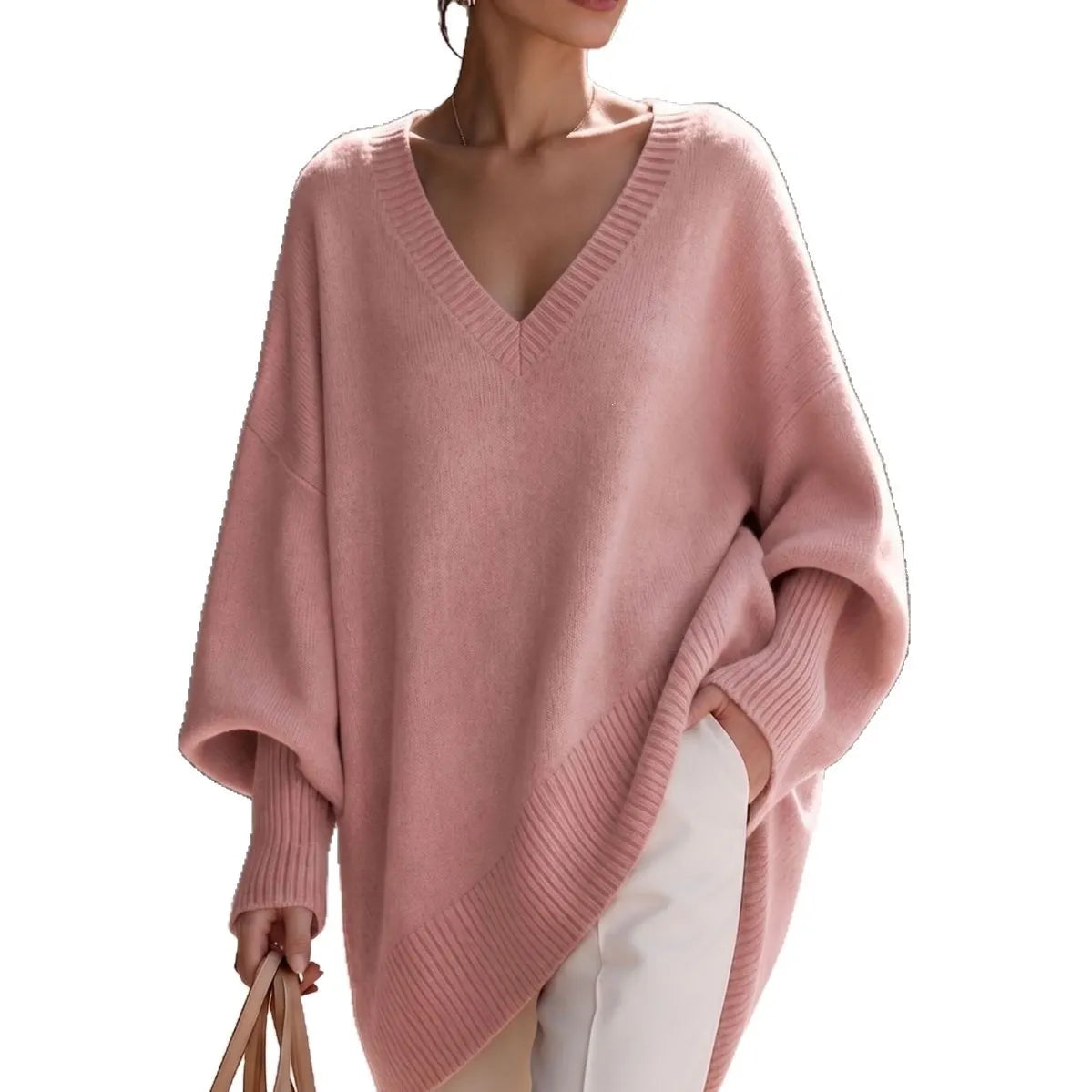 Dusty Pink Oversized V Neck Tunic Sweater, Batwing Long Sleeve Soft Knit Top