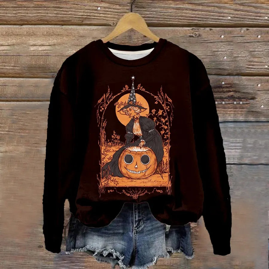 Halloween Witch Pumpkin Print Crew Neck Sweatshirt