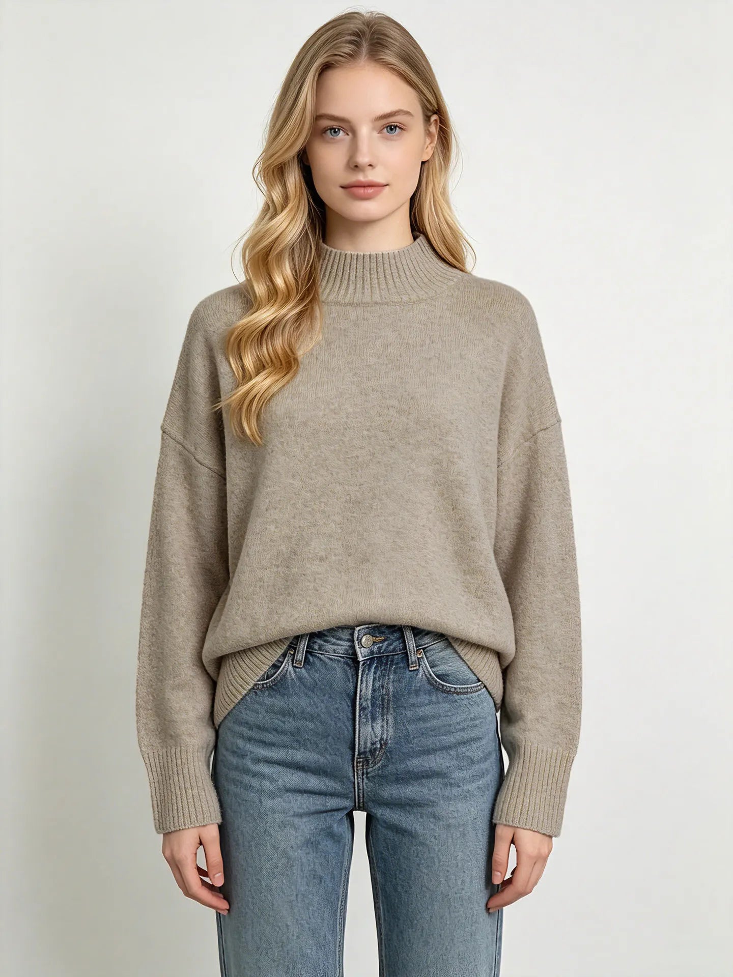 Semi Turtleneck Solid Color Knit Pullover Sweater