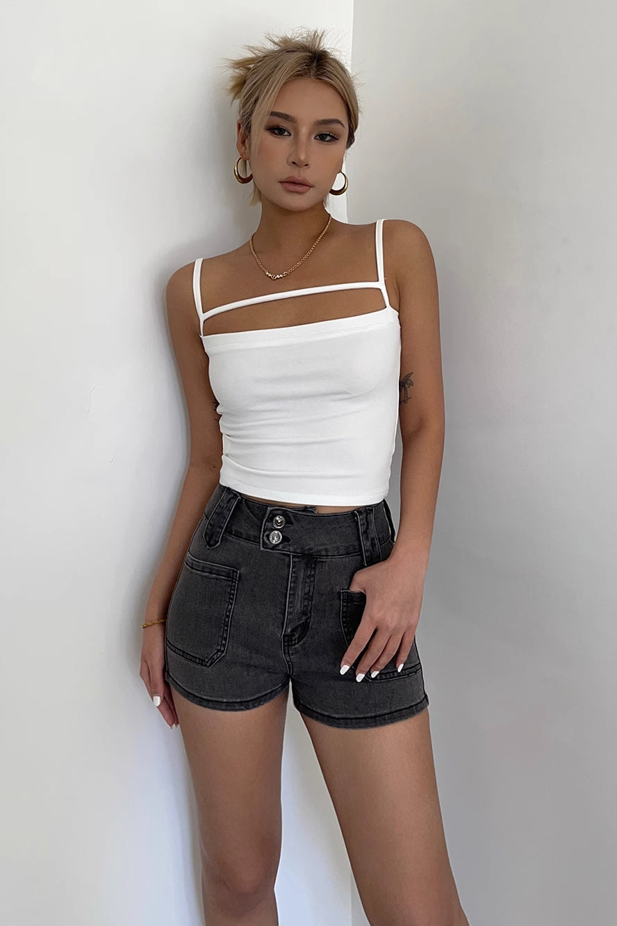 Double Button Slant Pocket Denim Shorts