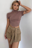 Buckle Detail Asymmetrical Hem Denim Shorts