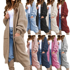 Lantern Sleeve Long Open Front Pocket Cardigan Sweater