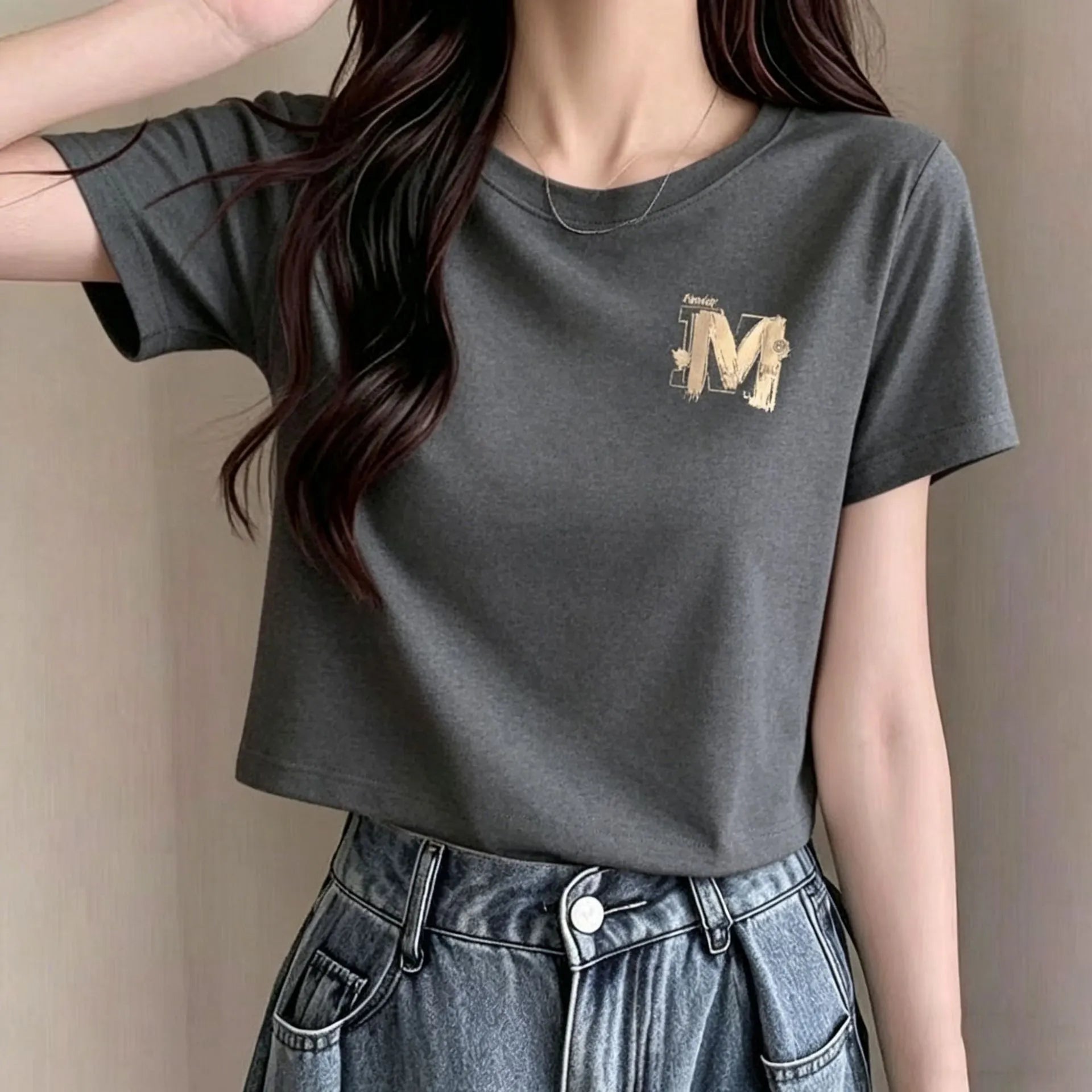 Crew Neck Letter M Print Slim Cropped Short Sleeve Cotton T-shirt