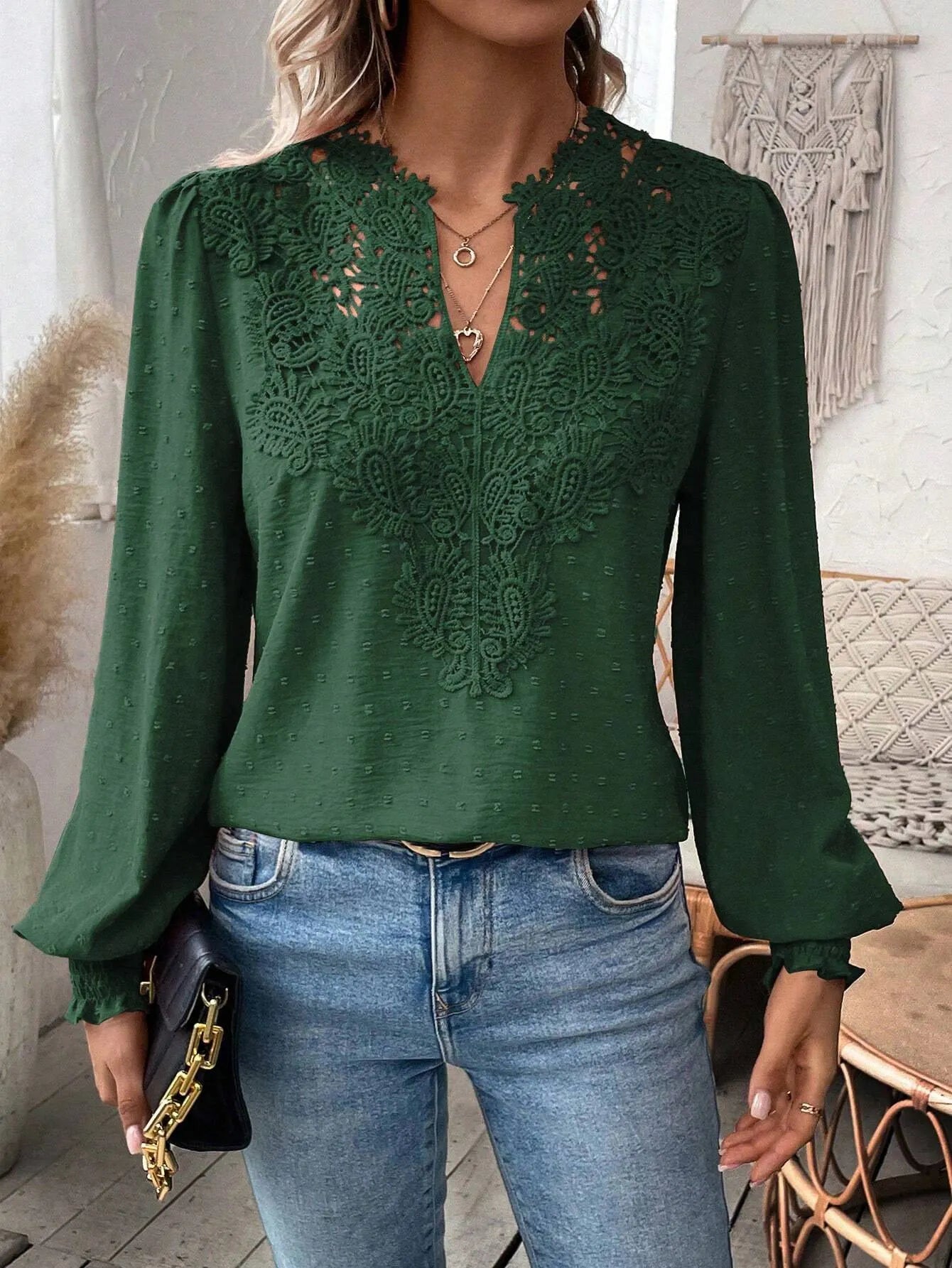 Lace V Neck Puff Sleeve Blouse