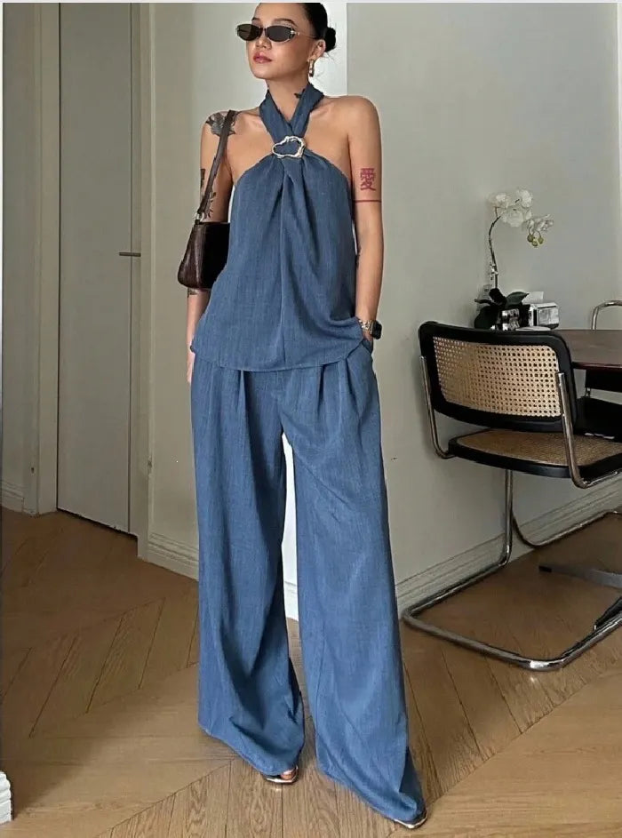 Linen Halter Top Wide Leg Pants Matching Two Piece Set