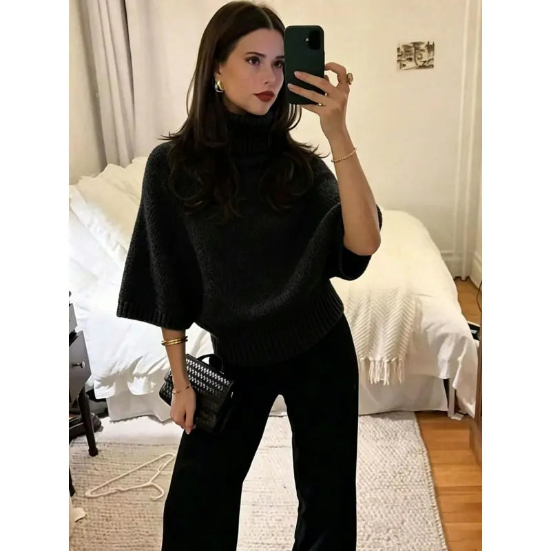 Oversized Chunky Knit Turtleneck Jumper Ladies Drop Shoulder Puff Sleeve Sweater, Long Sleeve / 5 Point Sleeve