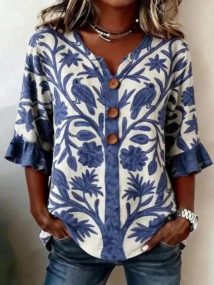 Round Neck Floral Printed Single Breasted 3/4 Ruffle Sleeve Loose Blouse