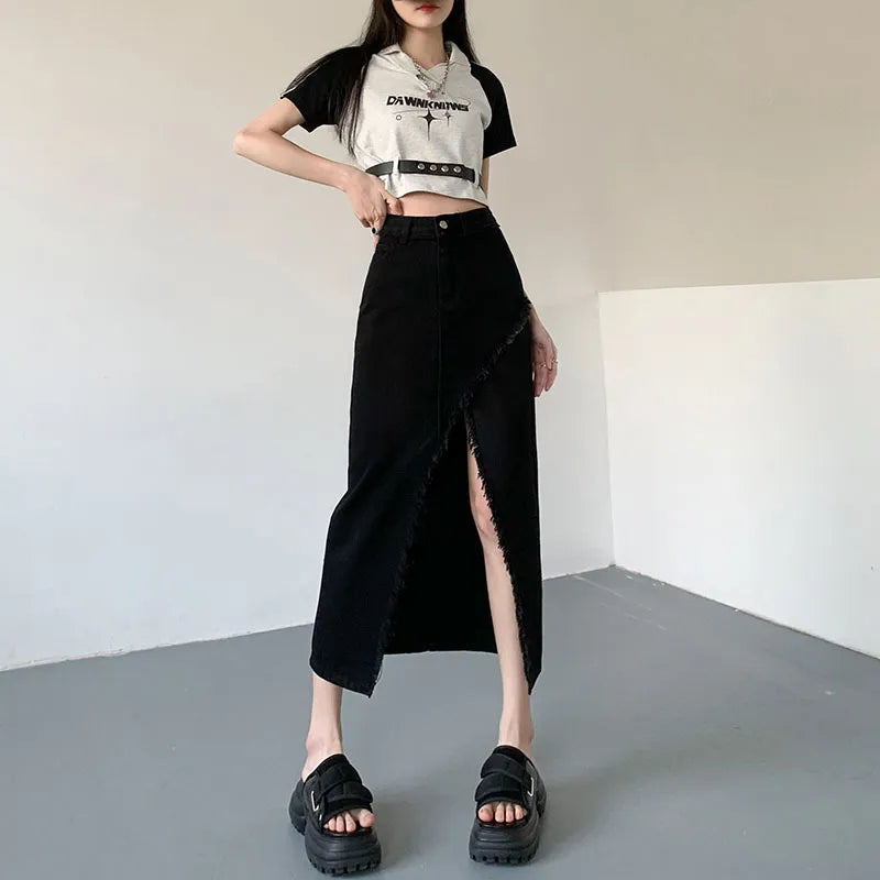 High Waist Split Denim Midi Skirt
