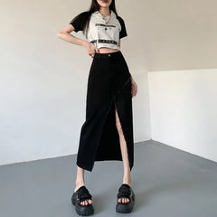 High Waist Split Denim Midi Skirt