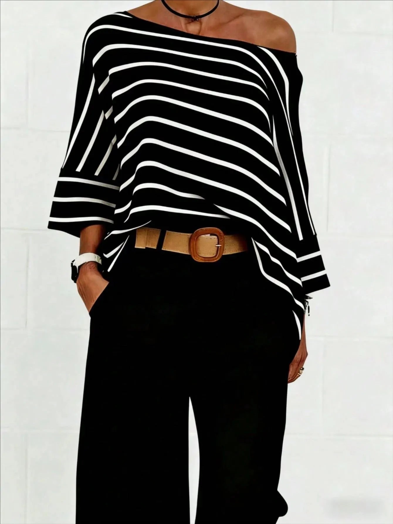 Striped Asymmetric Off Shoulder Loose Short Sleeve Milk Silk T-Shirt