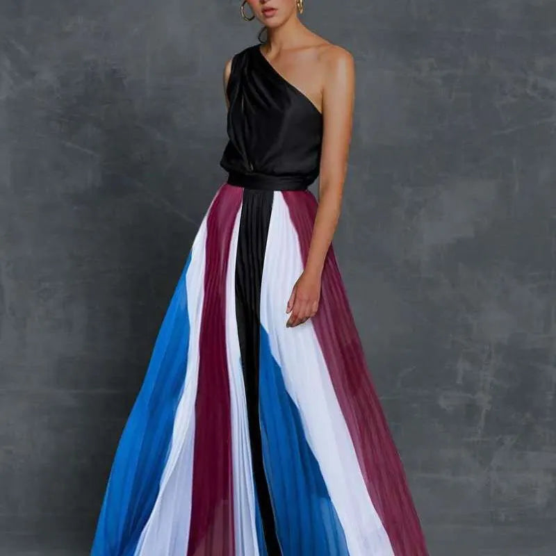 One Shoulder Color Block Printed Maxi Dress