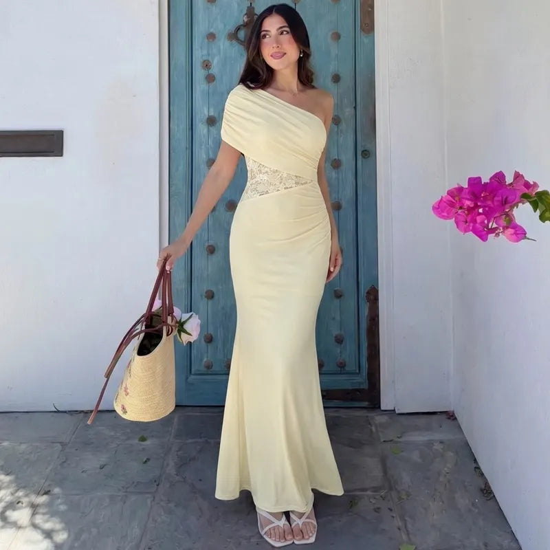 Solid One Shoulder Ruched Lace Panel High Waist Mermaid Maxi Dress