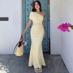 Solid One Shoulder Ruched Lace Panel High Waist Mermaid Maxi Dress