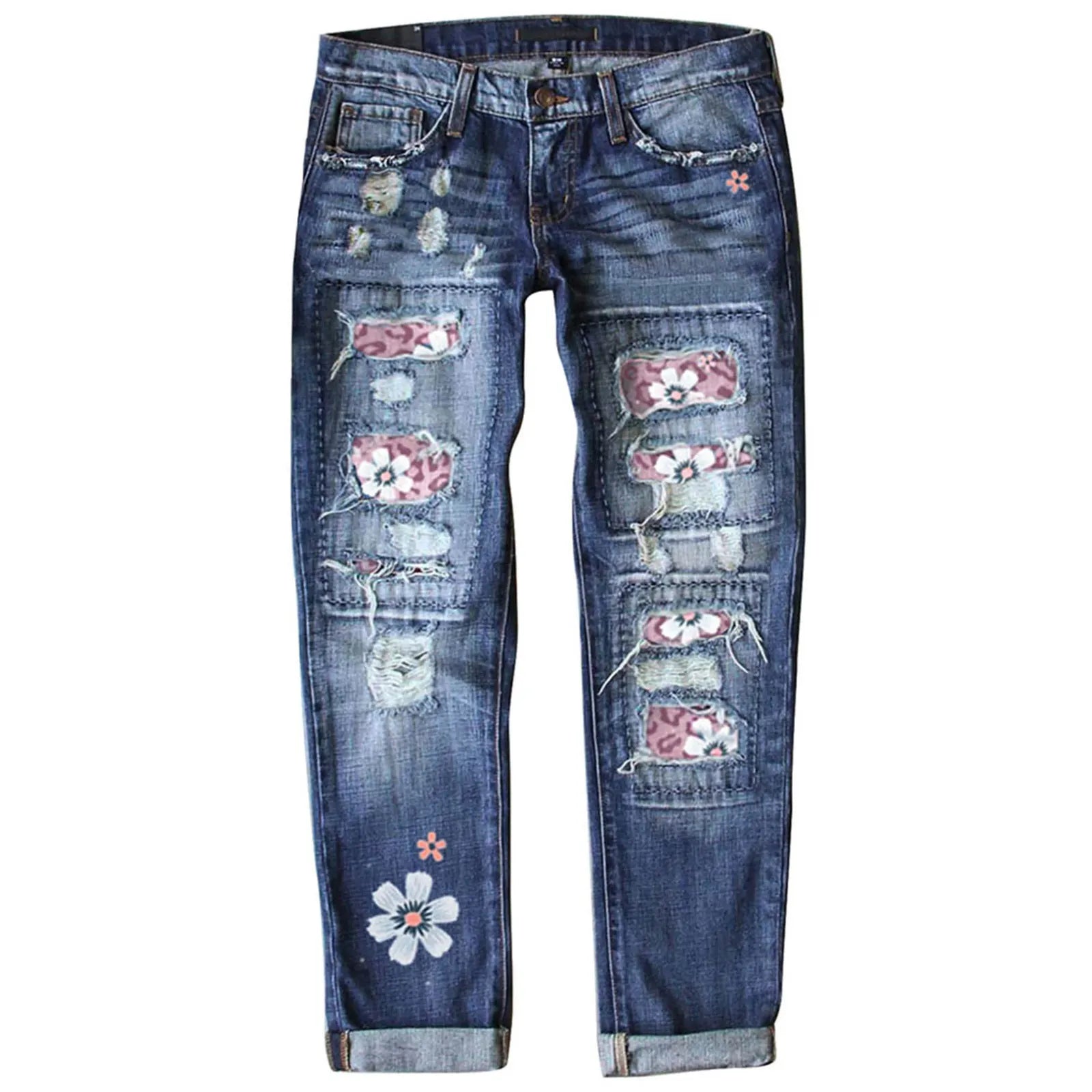 Womne's Sunflower Print Ripped Flare Jeans