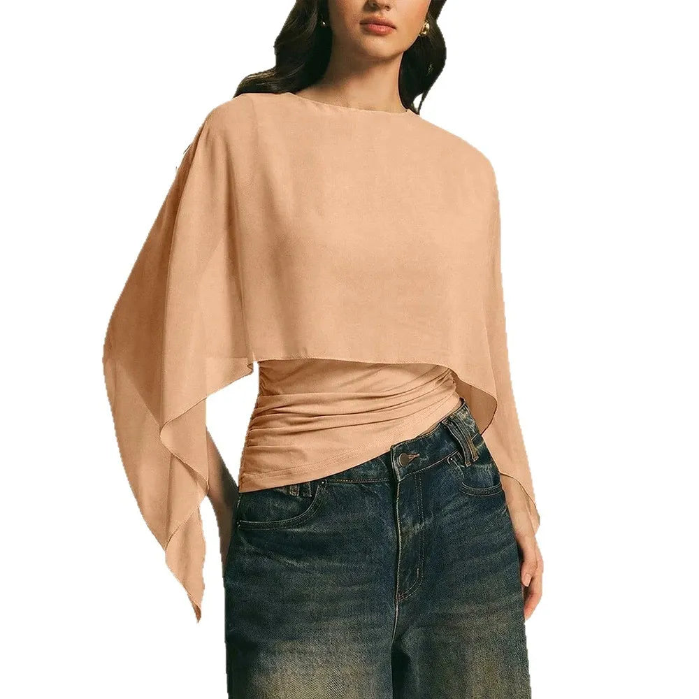 Elegant Two Piece Look Cape Sleeve Top, Asymmetric Hem Ruched Fitted Tee