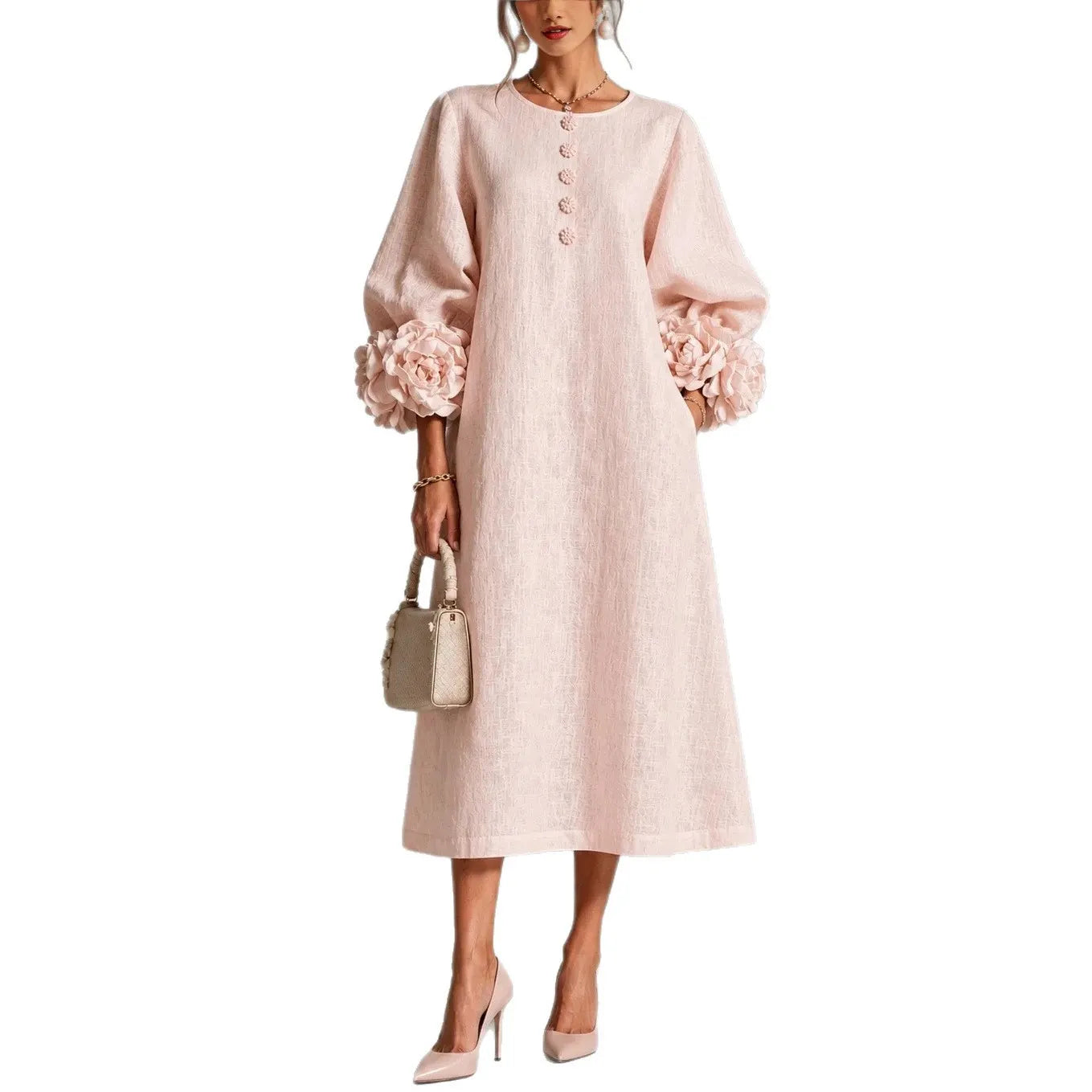Light Pink Linen Midi Dress, 3D Floral Puff Sleeve Round Neck Button Front Loose Dress With Pockets