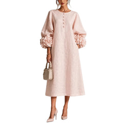 Light Pink Linen Midi Dress, 3D Floral Puff Sleeve Round Neck Button Front Loose Dress With Pockets