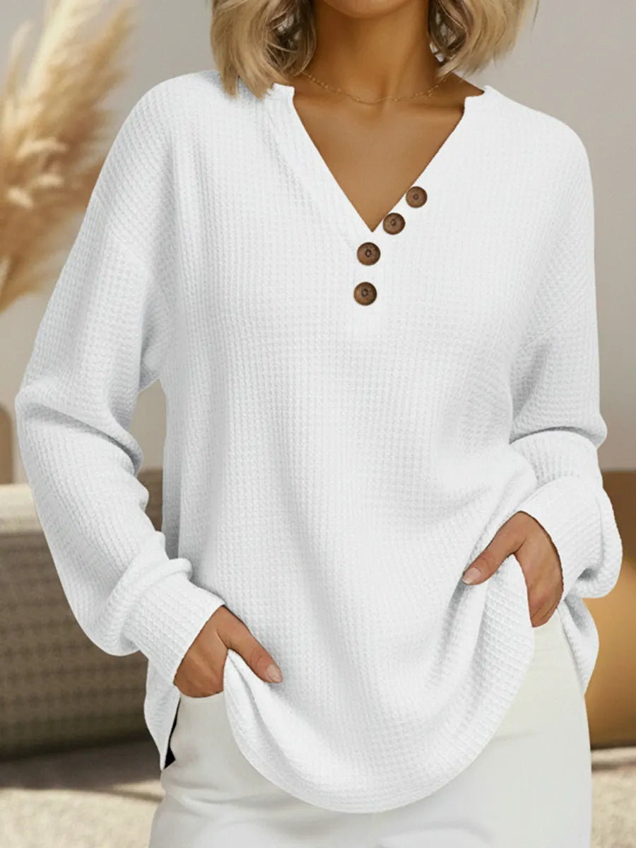 Waffle Knit Notch Henley V-Neck Long Sleeve Casual Top