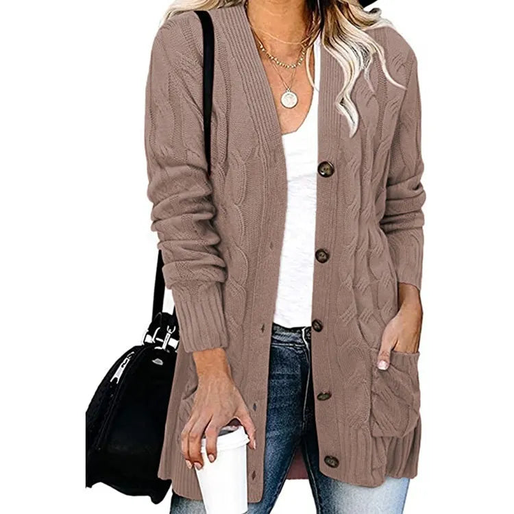 Casual Long Sleeve Cable Knit Cardigan Ladies Mid Length Open Front Button Sweater Jacket