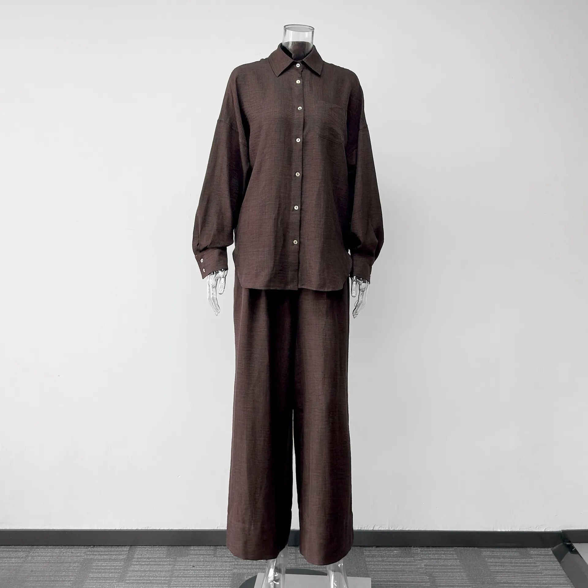 Dark Brown Linen Button-Down Shirt & Wide-Leg Pants Set