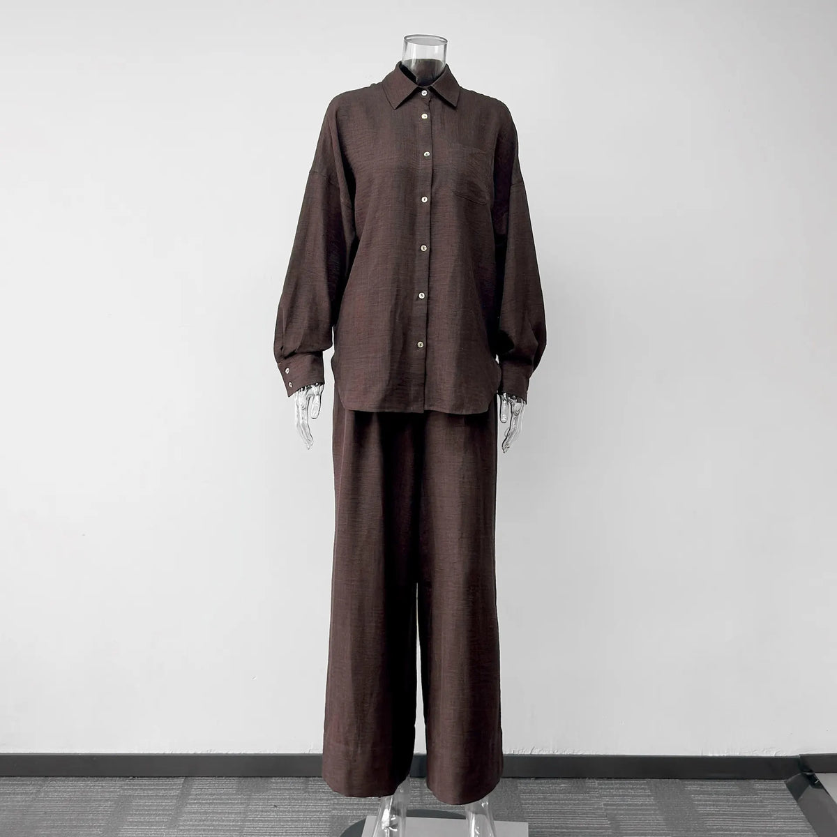 Dark Brown Linen Button-Down Shirt & Wide-Leg Pants Set