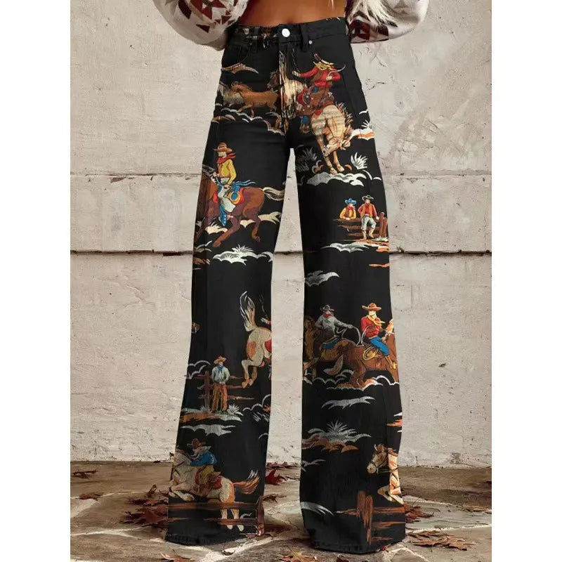 High Waist Western Cowboy Horse Print Wide Leg Pants
