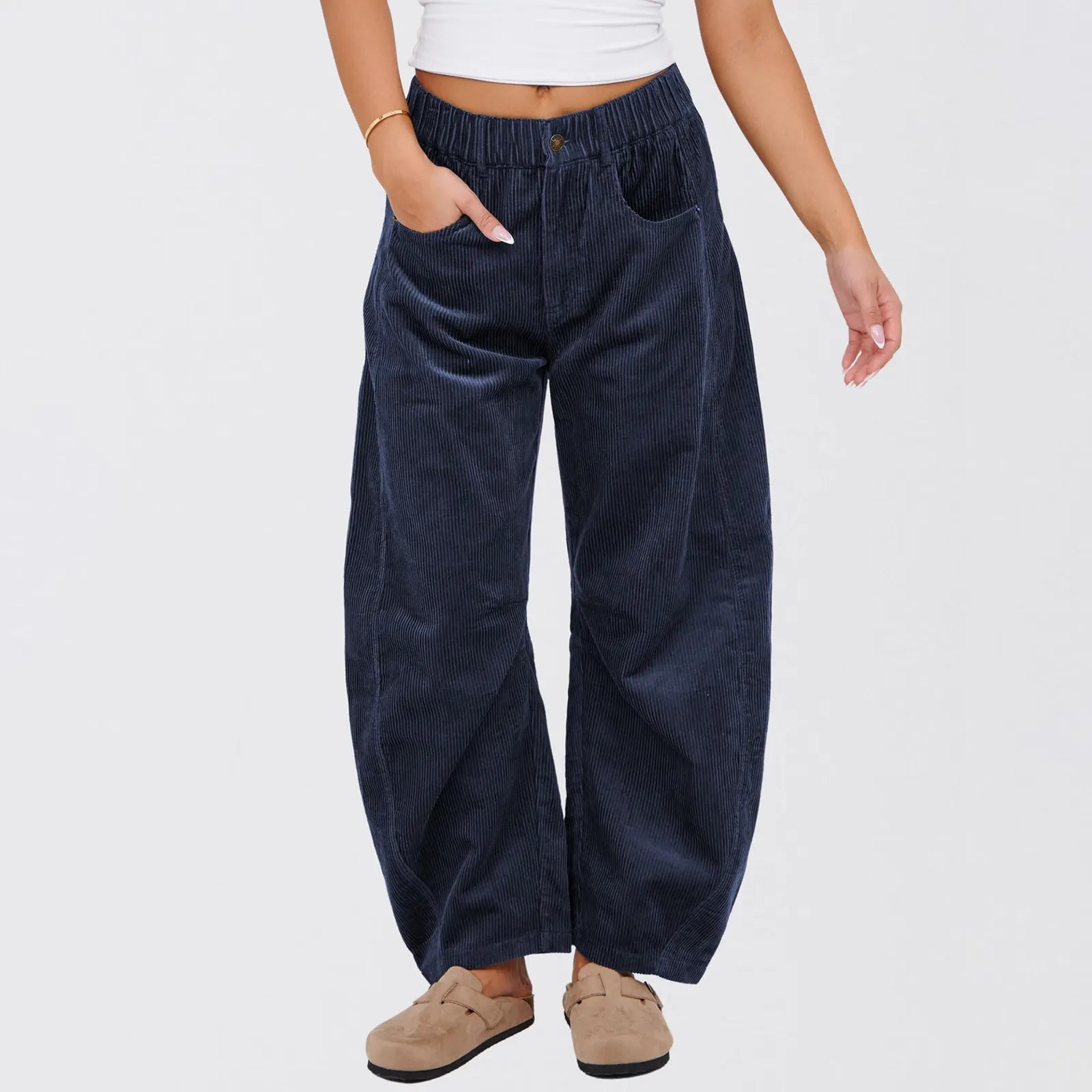 Corduroy Elastic High Waist Barrel Wide Leg Pants