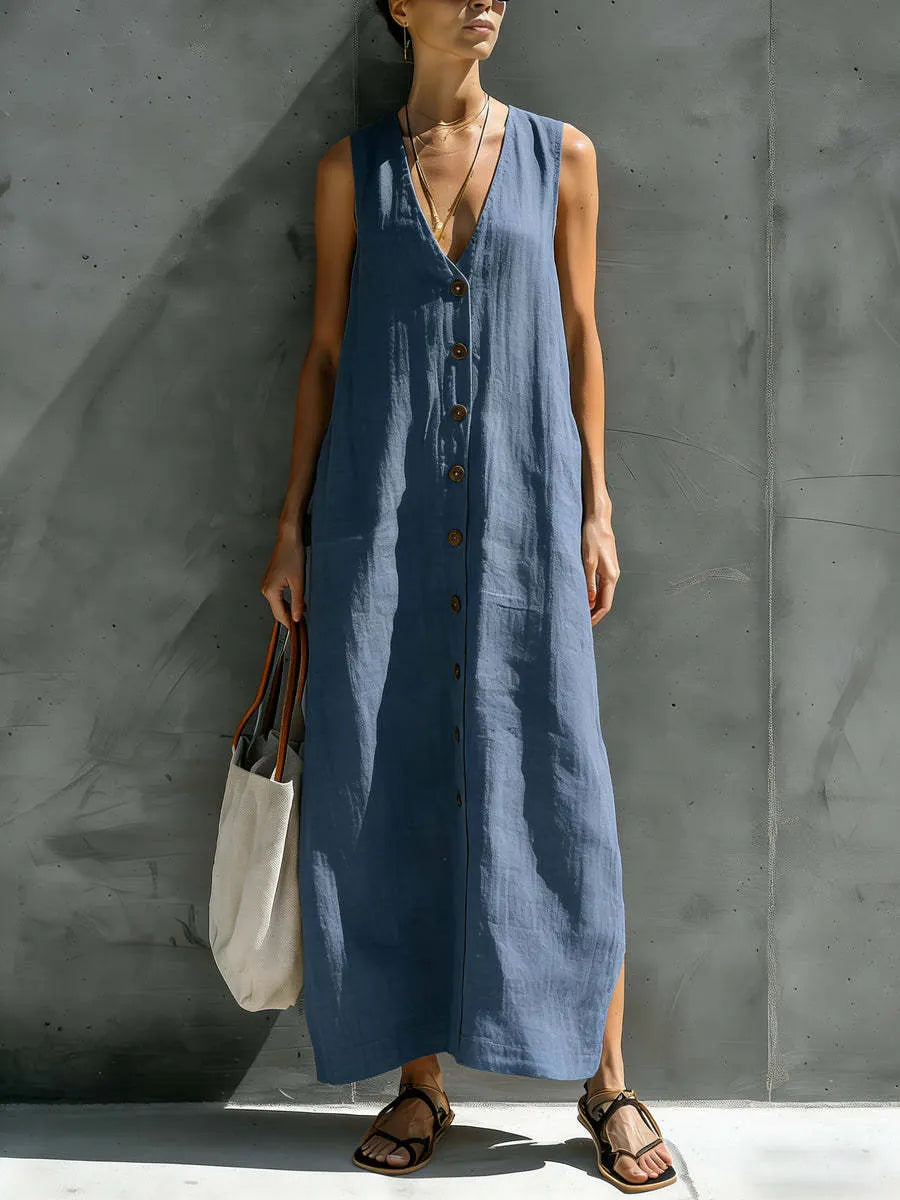 Solid V-Neck Sleeveless Button Front Casual Maxi Dress