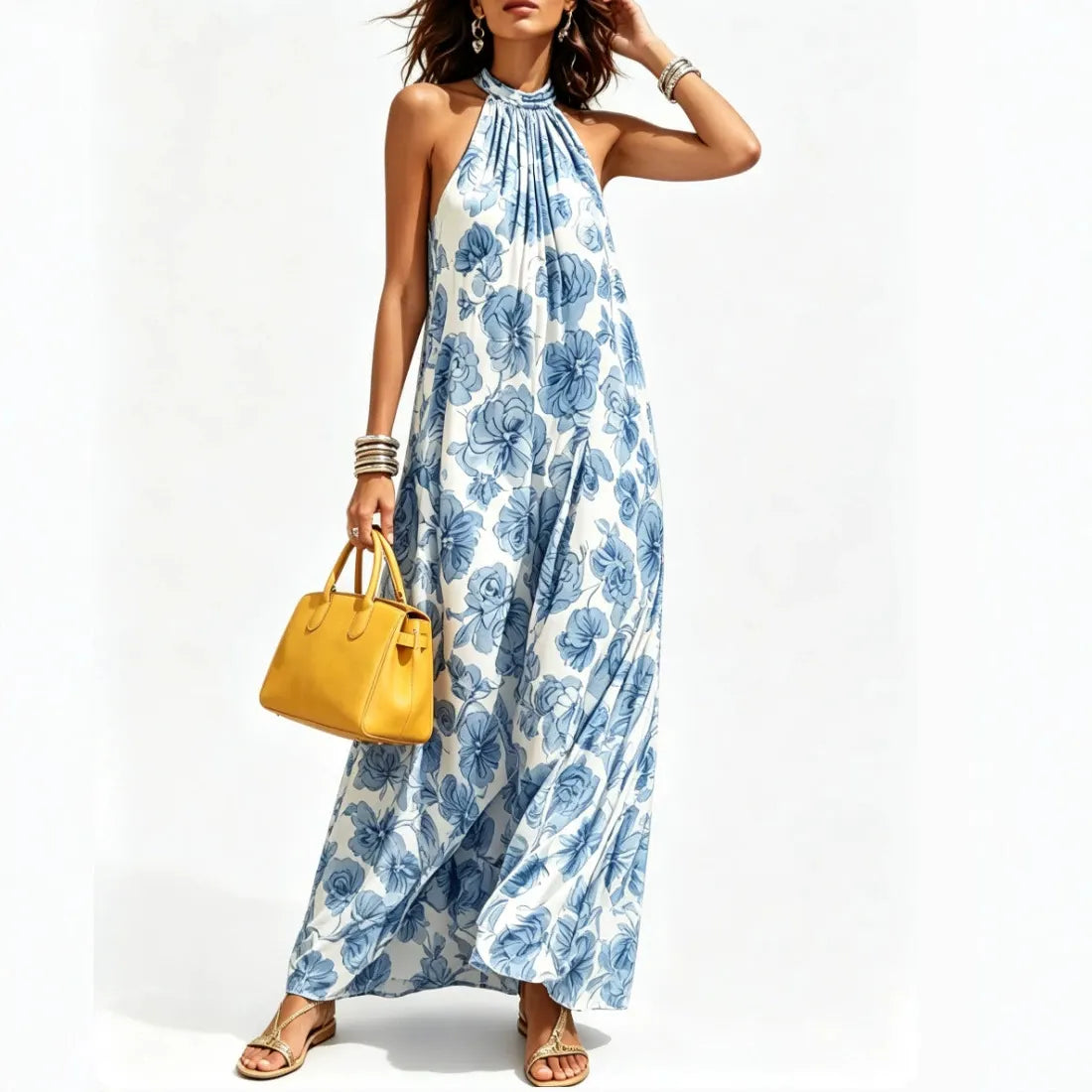 Halter Neck Floral Print Satin Maxi Dress