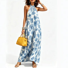 Halter Neck Floral Print Satin Maxi Dress