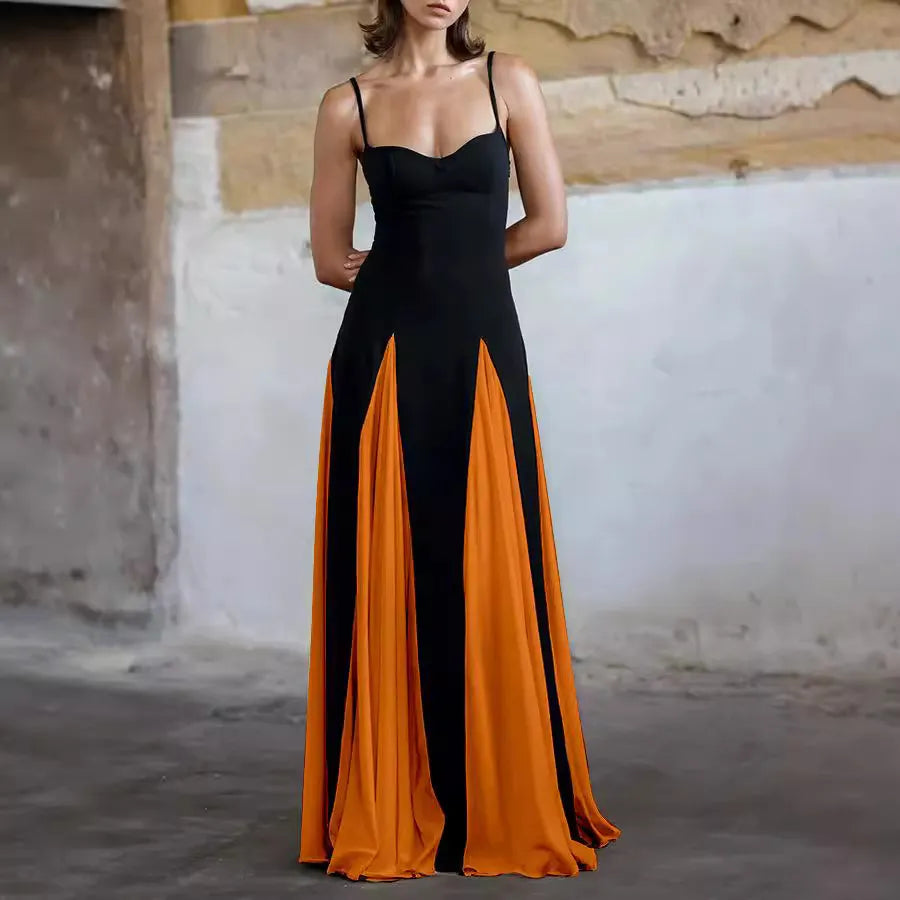 Black & White Contrast Spaghetti Strap High-Waisted A-Line Maxi Dress