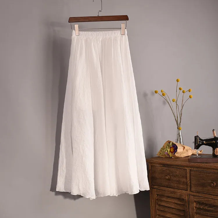 Linen Blend Maxi Skirt High Waist Pleated Flowy Skirt