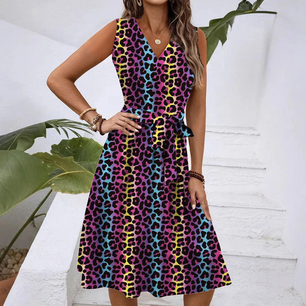 Colorful Leopard Print V-Neck Sleeveless Belted A-Line Midi Dress Casual Campus Daily Dress