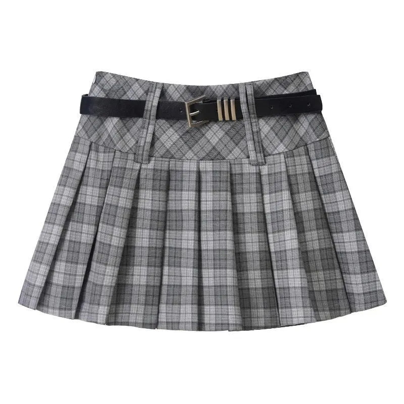Y2K Streetwear Detachable Belt Plaid Pleated Skirt High Waist Mini Skirt