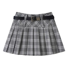 Y2K Streetwear Detachable Belt Plaid Pleated Skirt High Waist Mini Skirt