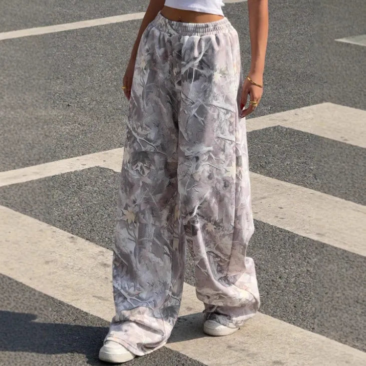 Camo Maple Leaf Print Wide Leg Pants Elastic Waist Loose Casual Trousers