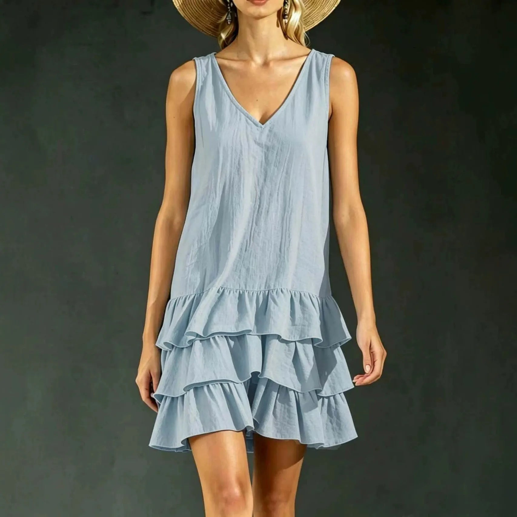 Solid V-Neck Sleeveless Layered Ruffle Spliced Straight Loose Mini Dress