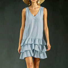 Solid V-Neck Sleeveless Layered Ruffle Spliced Straight Loose Mini Dress