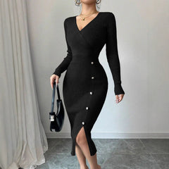 V‑Neck Button Slit Long Sleeve Knit Midi Dress