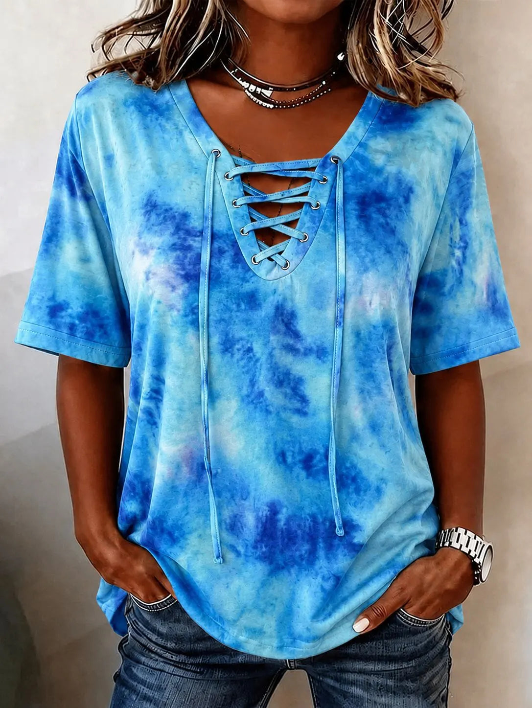 Tie-Dye V-Neck Lace-Up Casual Short Sleeve T-Shirt