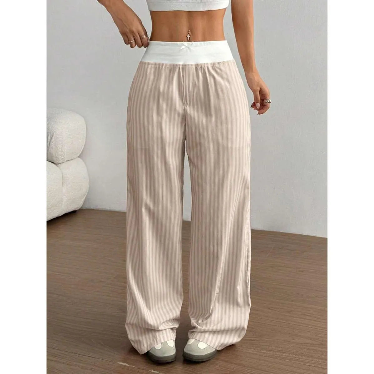 Elastic High Waist Striped Wide Leg Casual Pants